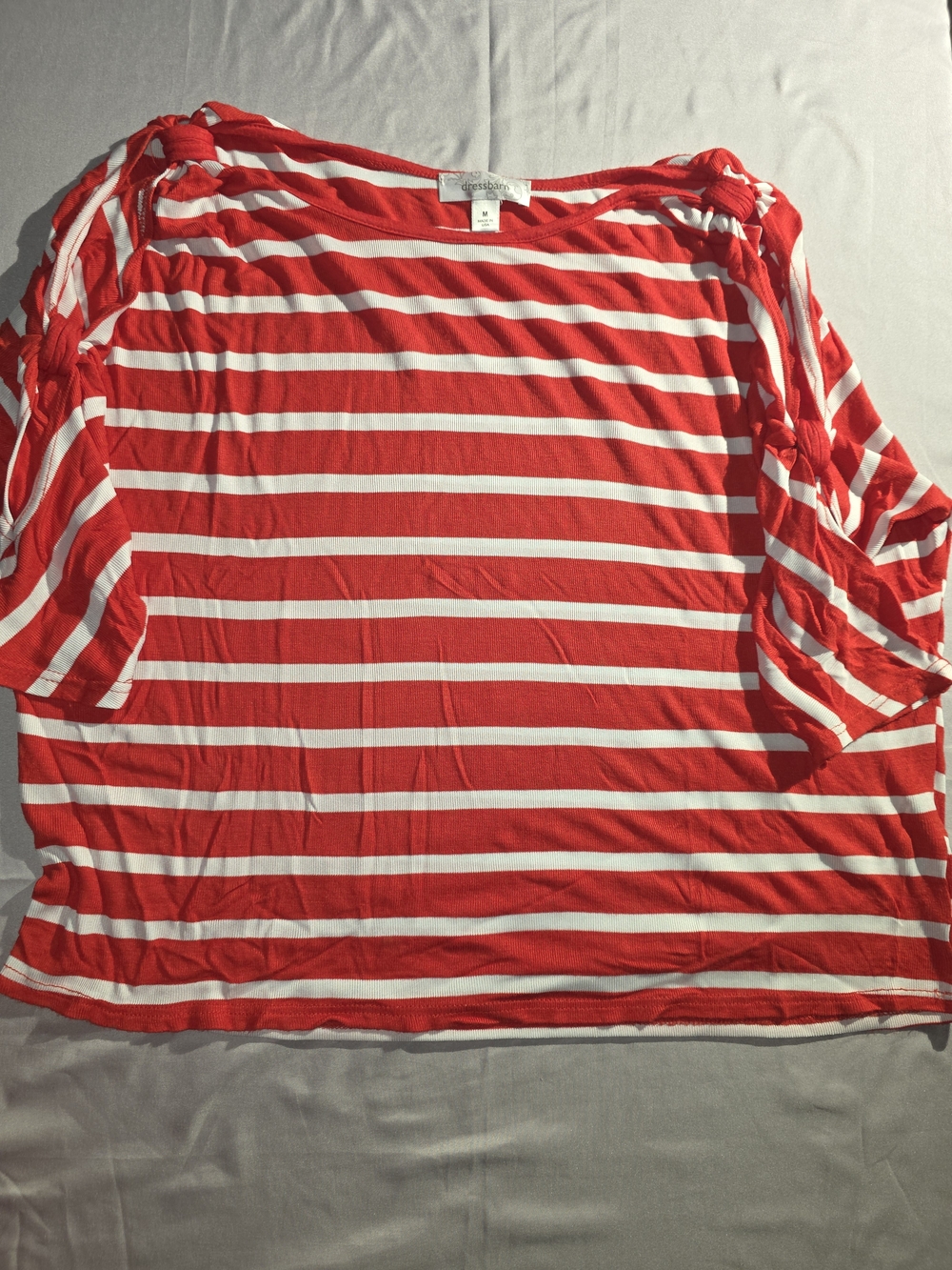 Dress Barn Red and White Striped Crop Top, Knotted Sleeve Design
